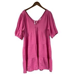 aerie Pink Gauzy Dress XL V Neck Short Sleeve 100% Cotton